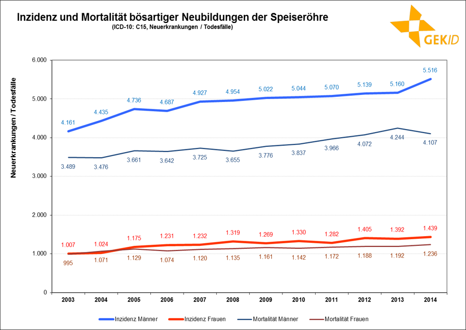 Inzidenz und Mortalität bösartiger Neubildungen der Speiseröhre – Fallzahlen 