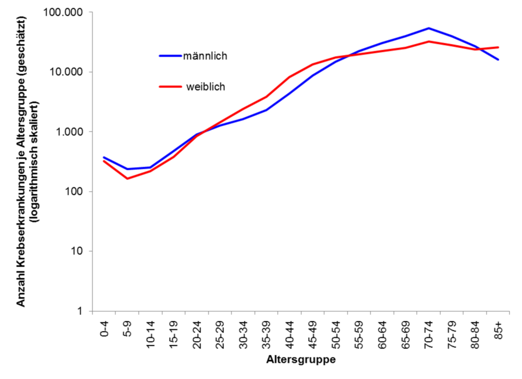 Durchschnittliche, altersspezifische Erkrankungszahlen (Inzidenz) für Krebs 2010 – 2012 (logarithmische Darstellung)